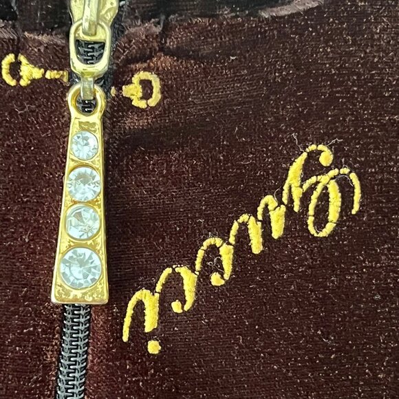 Vintage Brown Velvet Logo Top with Rhinestone Zip Detail, Size M - Picture 4 of 16